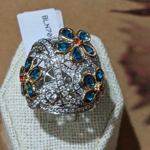 NWT 4.09CTW BLUE APATITE 18K YELLOW GOLD PLATED & STERLING SILVER FLOWER RING